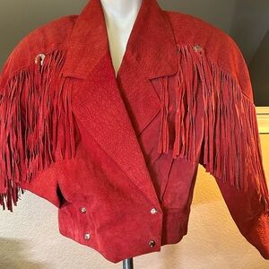 Vtg. Size (S) G-III Fringe Crop Red Leather Concho Western/Biker Jacket 1980s!